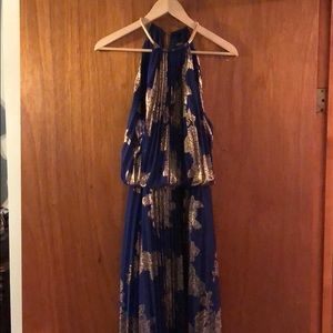 Blue & Metallic Gold pleated gown